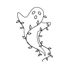 Line Art Ghost with Leaf Vine Halloween Design black and white