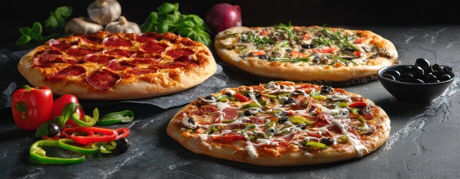 The vibrant display of assorted pizzas with fresh toppings and ingredients.