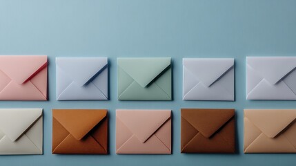 A visually appealing arrangement of colorful envelopes on a soft blue background, symbolizing communication, creativity, and the joy of sending personal messages.