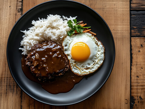 Delicious loco moco with hamburger patty, gravy, fried egg and rice on black plate