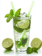 Refreshing mojito cocktail with lime, mint, and ice cubes