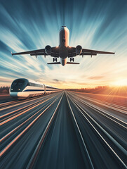 Airplane taking off over highspeed train at sunset