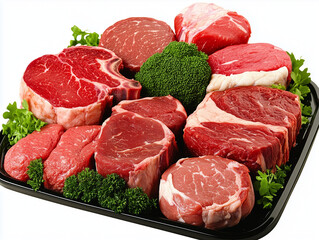 Fresh cuts of beef decorated with herbs on a tray