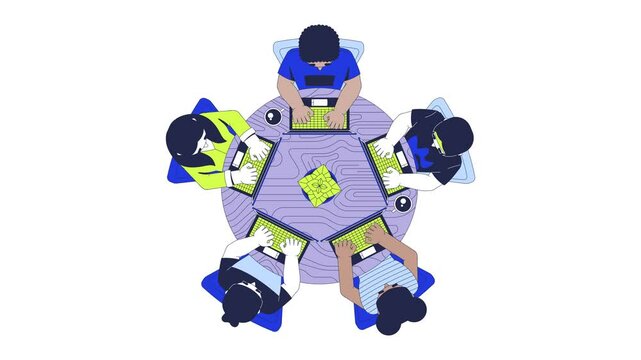 Hackathon programming group top view cartoon animation. IT school. Coding class. Code team. Diverse developers laptops around round table animated flat 2D characters 4K video isolated on white