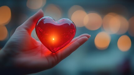 Hand holding a glowing red glass heart, soft focus background, tender and emotional mood