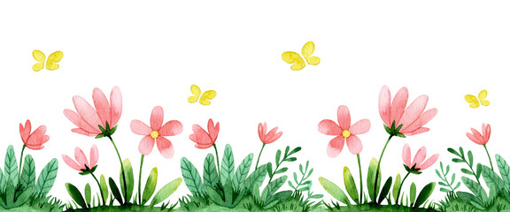 seamless border, meadow with flowers and butterflies. watercolor cartoon illustration