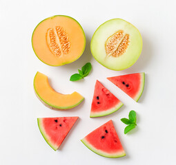 Naklejka premium Top view of fresh melon and watermelon slices with mint leaves on white background. Colorful summer fruit arrangement with cantaloupe, honeydew, and juicy watermelon.