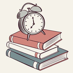 Time management concept in education with books and vintage alarm clock