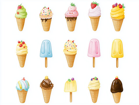 Delicious ice cream and popsicles collection cooling down on a hot summer day