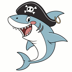 Whimsical cartoon shark dressed as a pirate captain for playful themes