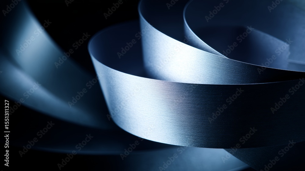 Poster sleek silver metallic spiral pattern with futuristic abstract design on dark navy background, highte