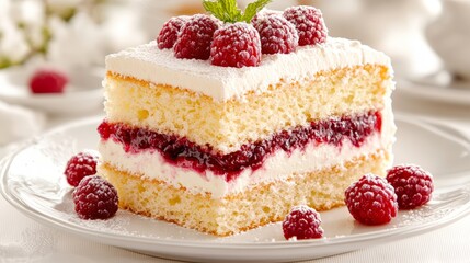 A delicious slice of layered cake topped with raspberries and whipped cream, presented on an elegant plate, Perfect for use in culinary blogs, dessert menus, or food photography projects,