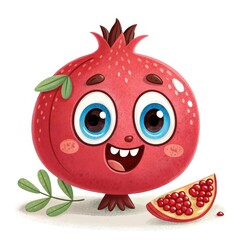 Fototapeta premium Cartoon Pomegranate Character with Big Eyes, Smile and Slice on White Background