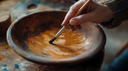 Hand painting dark surface using brown clay with brush strokes captured in soft light showing tactile craft and natural art