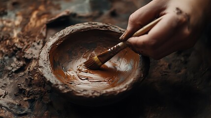 Hand painting dark surface using brown clay with brush strokes captured in soft light showing tactile craft and natural art