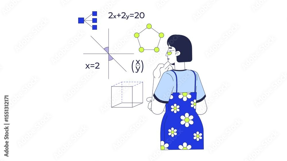 Poster learning mathematics for programming 2d animation. asian female math student studying equations geom