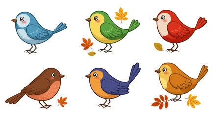 A colorful vector cartoon illustration featuring a collection of cute, funny birds in nature