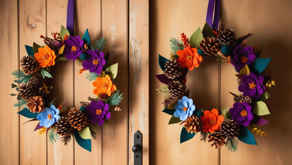 Two beautifully crafted floral wreaths adorned with colorful flowers and pine cones on wood door