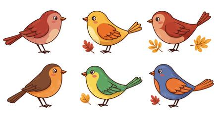 A cute and colorful set of funny cartoon birds, including owls, sparrows, and ducks, illustrating the beauty of nature and animal love
