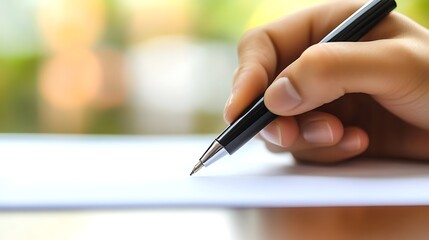 Hand Writing on blank Paper with Pen Focused on Note-Taking or Journaling Close-Up