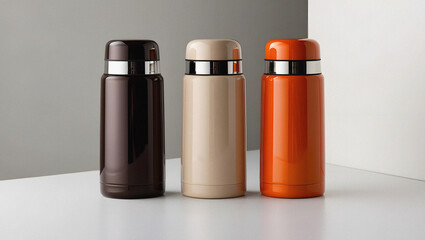 Three stylish insulated thermal bottles in different colors on a white surface