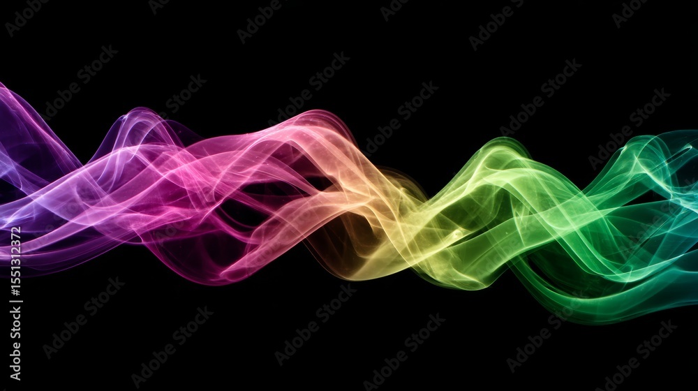 Poster Vibrant smoke swirls in rainbow colors rising against a deep black background, creating dynamic, abstract patterns with glowing curves and smooth gradients for captivating visual impact.