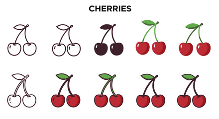 A collection of fresh, ripe red cherries and other healthy fruits like strawberries and apples, perfect for a sweet and natural diet illustration