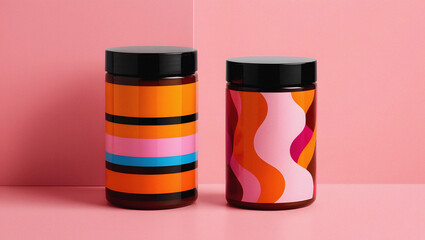 Two stylish jars with colorful designs and black lids on a pink background