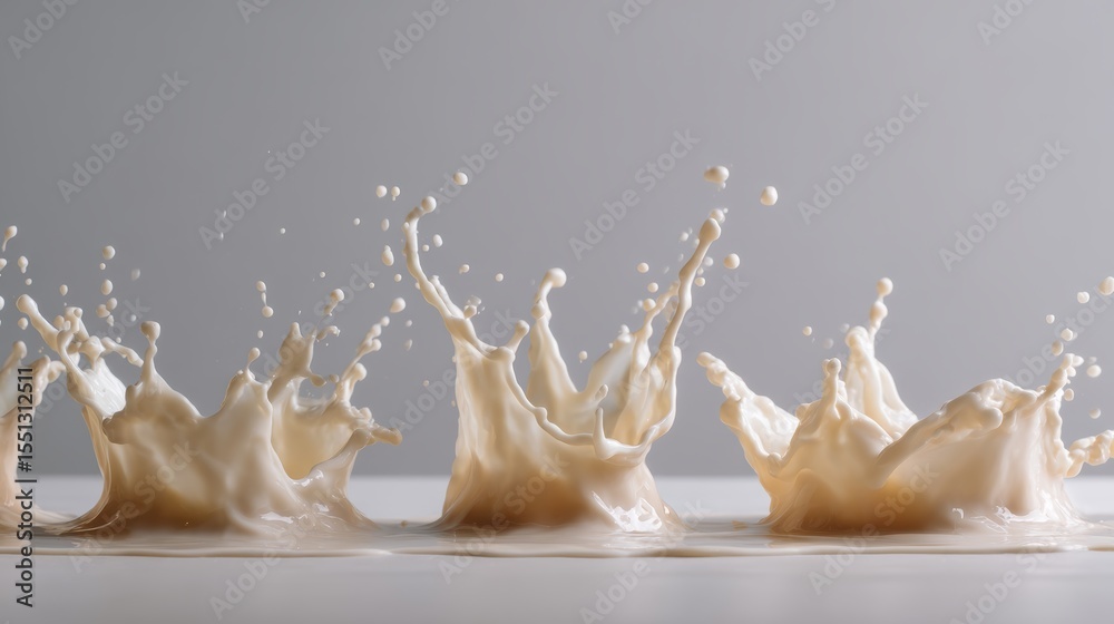 Poster Dynamic splash of milk midair forming elegant arcs and droplets with smooth lighting highlighting creamy texture and motion against soft gray background.