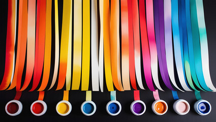 Vibrant color palette displayed with paints and corresponding ribbons against black background