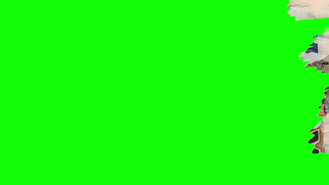 Old magazine cuttings transition green screen. Old ripped torn colorful collage faded newspaper grunge placard poster Texture Background or backdrop. Seamless looping transition set.
