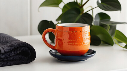 Vibrant orange ceramic mug on dark blue saucer next to plant and towel