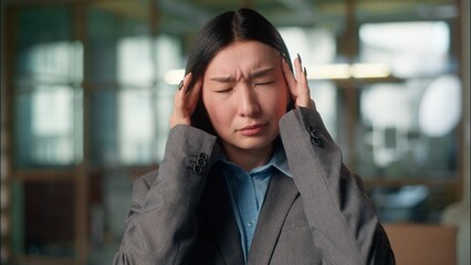 Asian business woman businesswoman feel headache tired exhausted Chinese Japanese girl Korean...