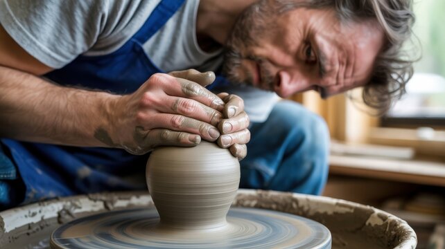 Caucasian male artist in studio creating pottery on spinning wheel