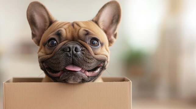 A joyful French Bulldog peeks out from a cardboard box, radiating happiness and charm, capturing the playful spirit of pets and their delightful interactions with everyday objects.