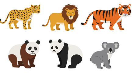 A vector illustration set of wild cartoon animals, including tiger, lion, giraffe, zebra, and elephant, perfect for jungle or safari-themed art