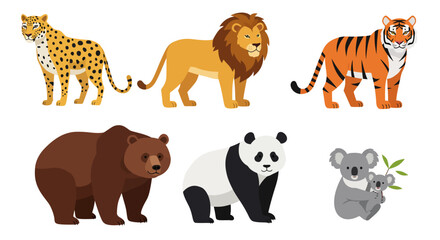 Fototapeta premium Cartoon vector animal set illustration featuring wild safari mammals like tigers, lions, elephants, giraffes, zebras, and bears, alongside domestic cats and dogs