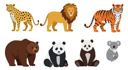 Cartoon animal vector set illustration featuring a collection of cute wild and farm animals like giraffe, dog, lion, elephant, cat, tiger, bear, zebra, and cow