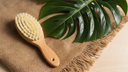 Wooden body brush with natural bristles and monstera leaf on rustic burlap texture