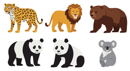 Fototapeta premium Wild animals vector illustration set featuring elephant, lion, bear, and rhino silhouettes