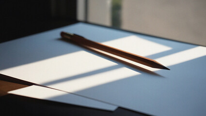 Wooden pencil resting on white paper with natural light and shadows in a minimalist scene