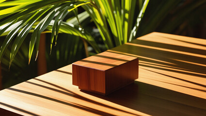 Wooden rectangular display prop with sunlight shadows on a wooden surface and palm leaves.
