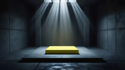 Yellow product stage in dark room illuminated by bright focused overhead light