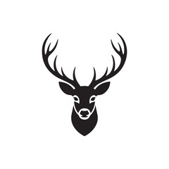 Minimalist Deer Head Silhouette with Large Antlers Isolated on White Background
