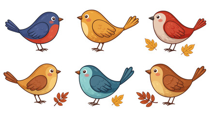 Funny cartoon bird collection with cute animal illustrations and spring-themed design