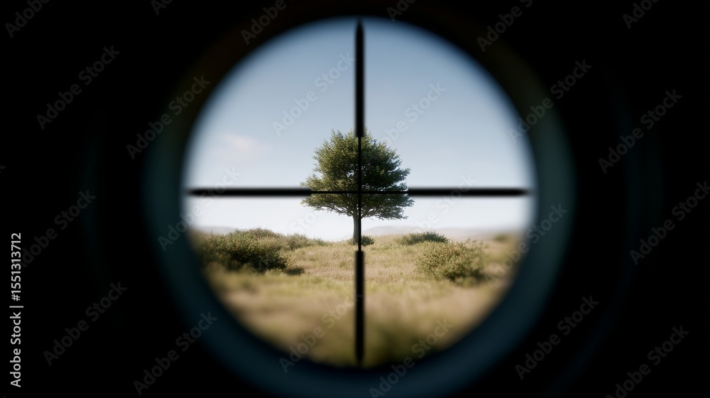 Poster closeup view through binoculars focusing sharply on a single lush green tree in a vast open landscap