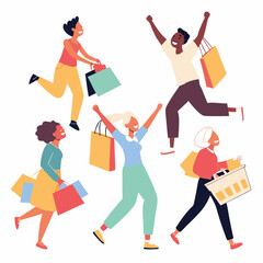 Joyful shoppers carrying colorful bags and a basket
