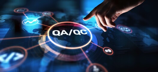 QA QC Quality Assurance and Quality Control for Product Excellence, projection on a virtual screen,...