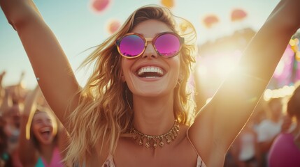 A vibrant festival scene featuring a smiling woman with wavy blonde hair, wearing a stylish necklace and a delicate top, her arms raised in joy, surrounded by a colorful crowd under glowing lights