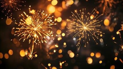 Happy New Year text with golden fireworks collage glowing in festive night sky celebration concept joy light energy